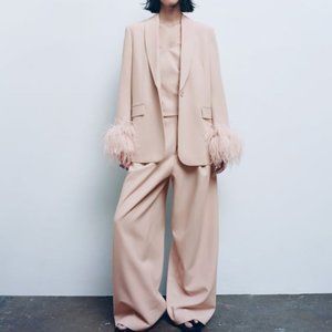 Brand New ZARA Blush Tan Feather Trim Blazer